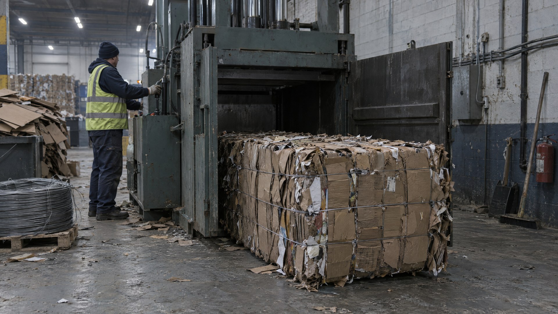 Illustrative horizontal industrial baler with a finished cardboard bale and a worker at the control side.