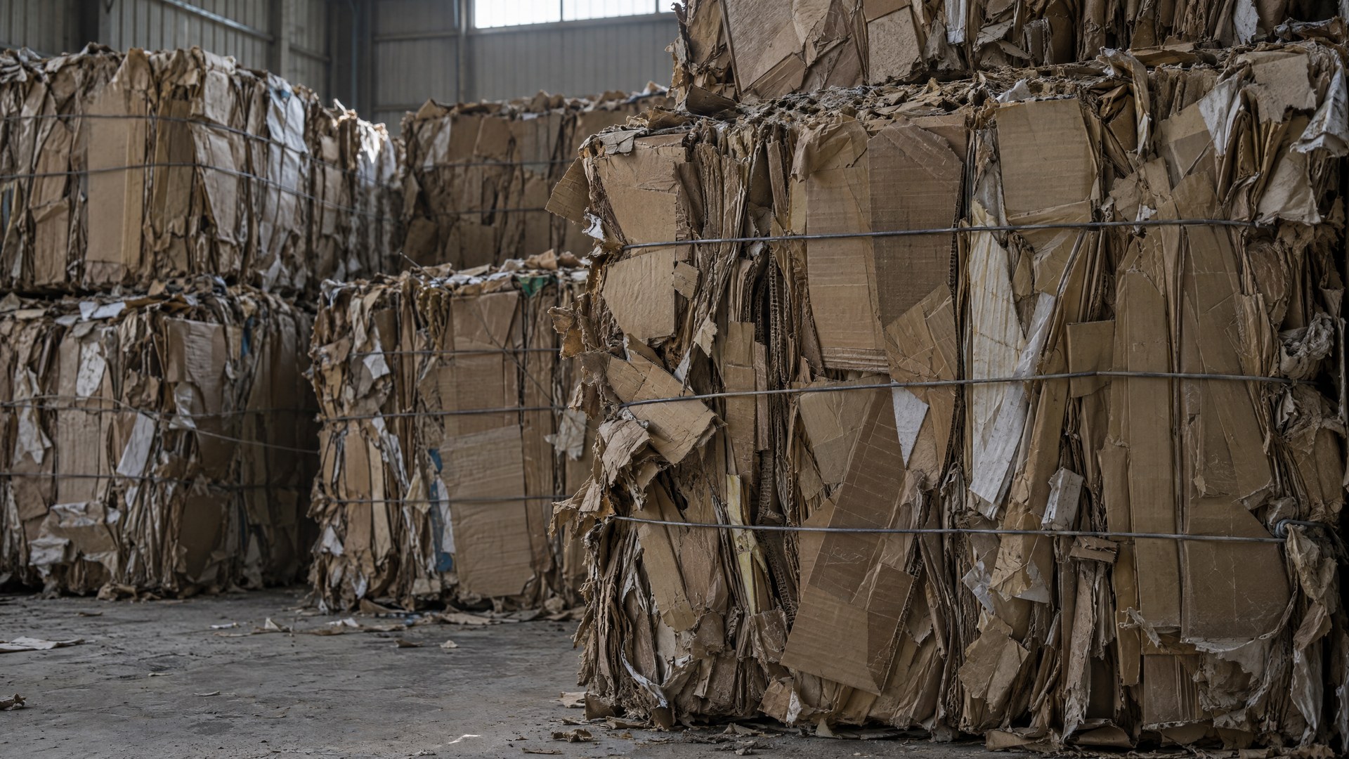Illustrative close view of wire-tied bales of baled corrugated cardboard stacked in a warehouse.