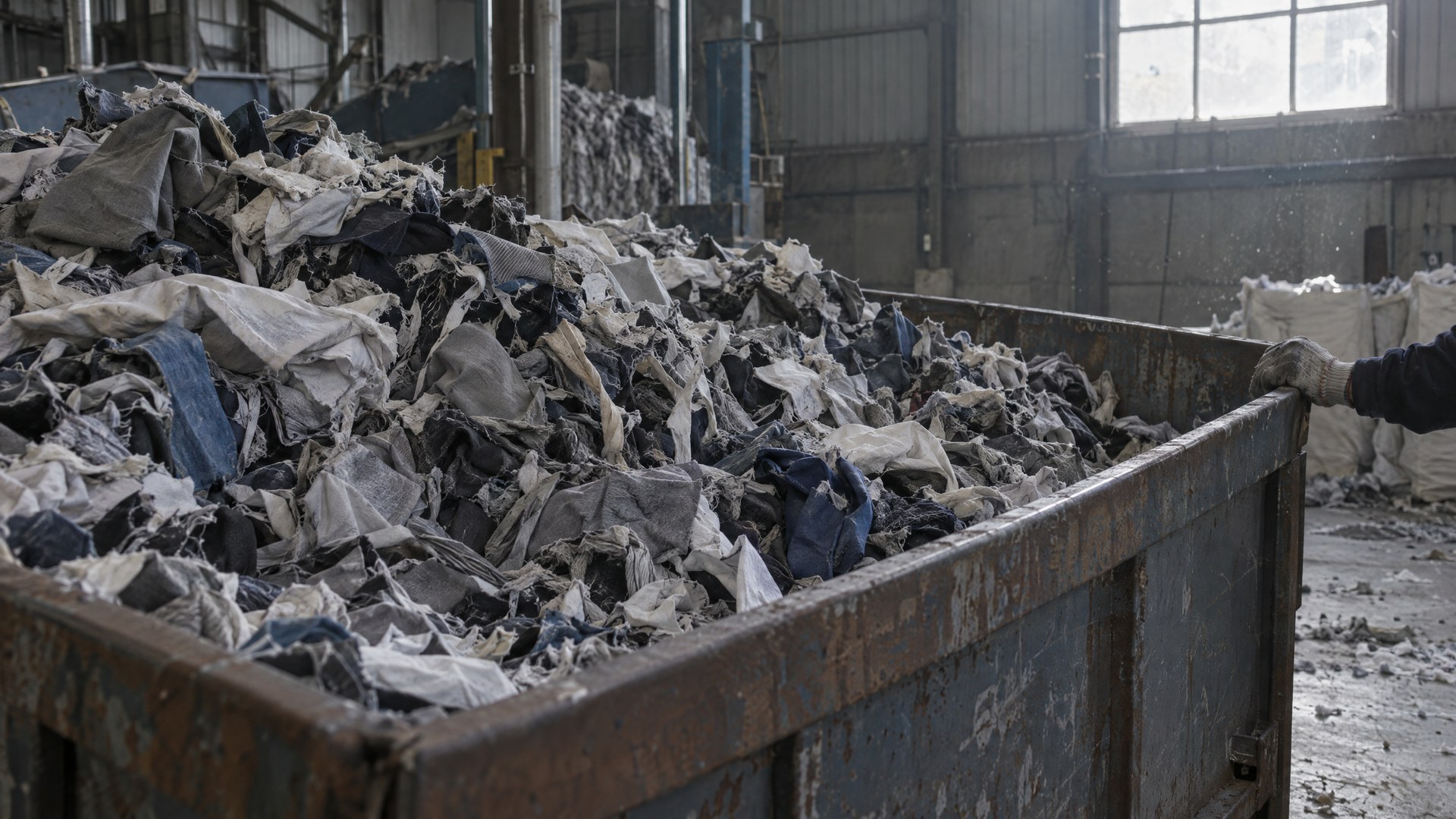Illustrative steel bin filled with shredded fabric inside an industrial building.